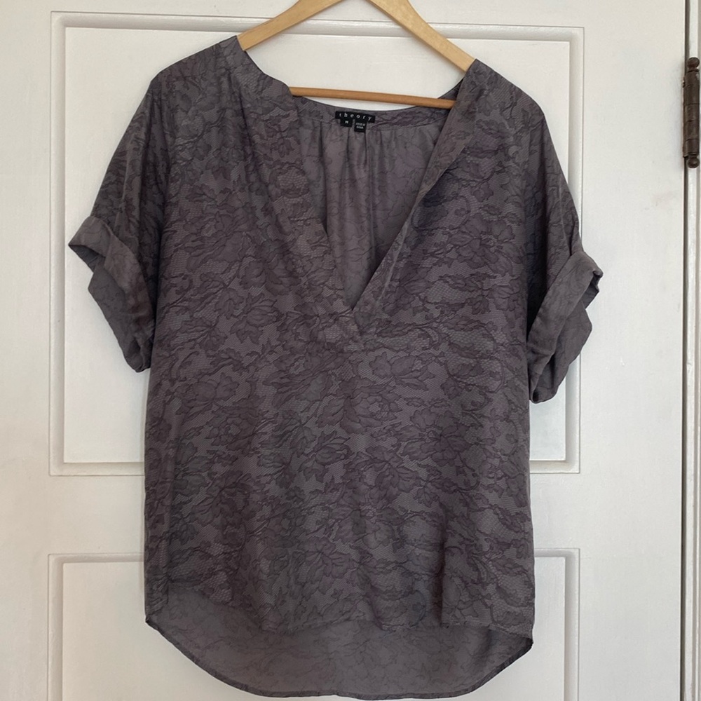 Theory silk blouse with lace print
